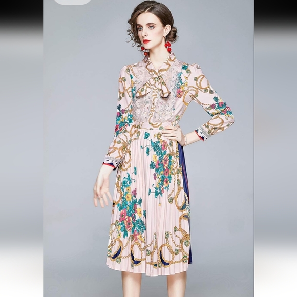 Dalia Macphee Terese Long Sleeve Pleated Midi Dress Size Small Pink - Picture 3 of 16